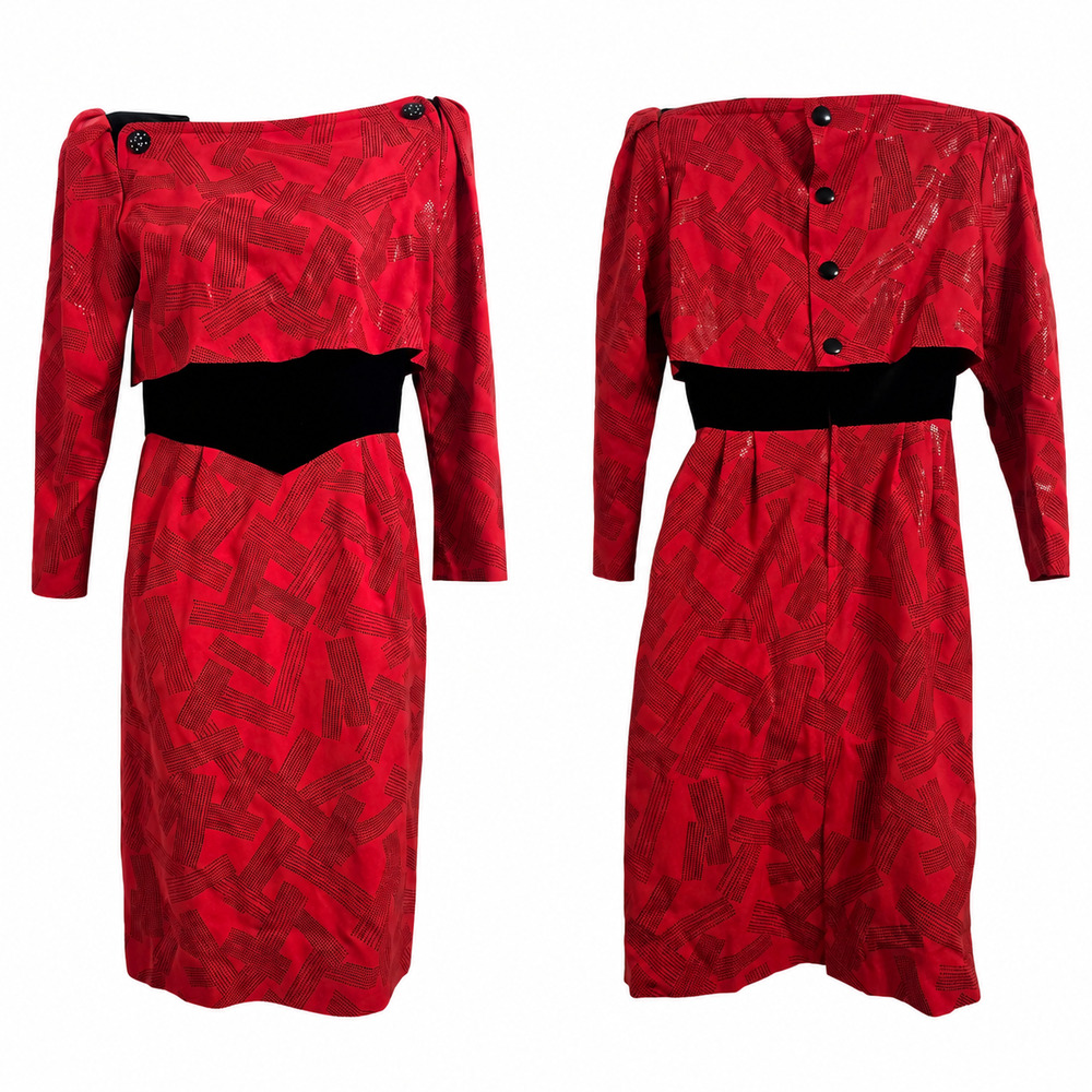 Vintage 80s Japanese Red Black Geometric Party Dress Velvet Waist Size 9 S